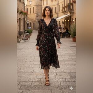 PAIGE Black lilou Floral Long Sleeve Dress cottage core romantic chiffon size m